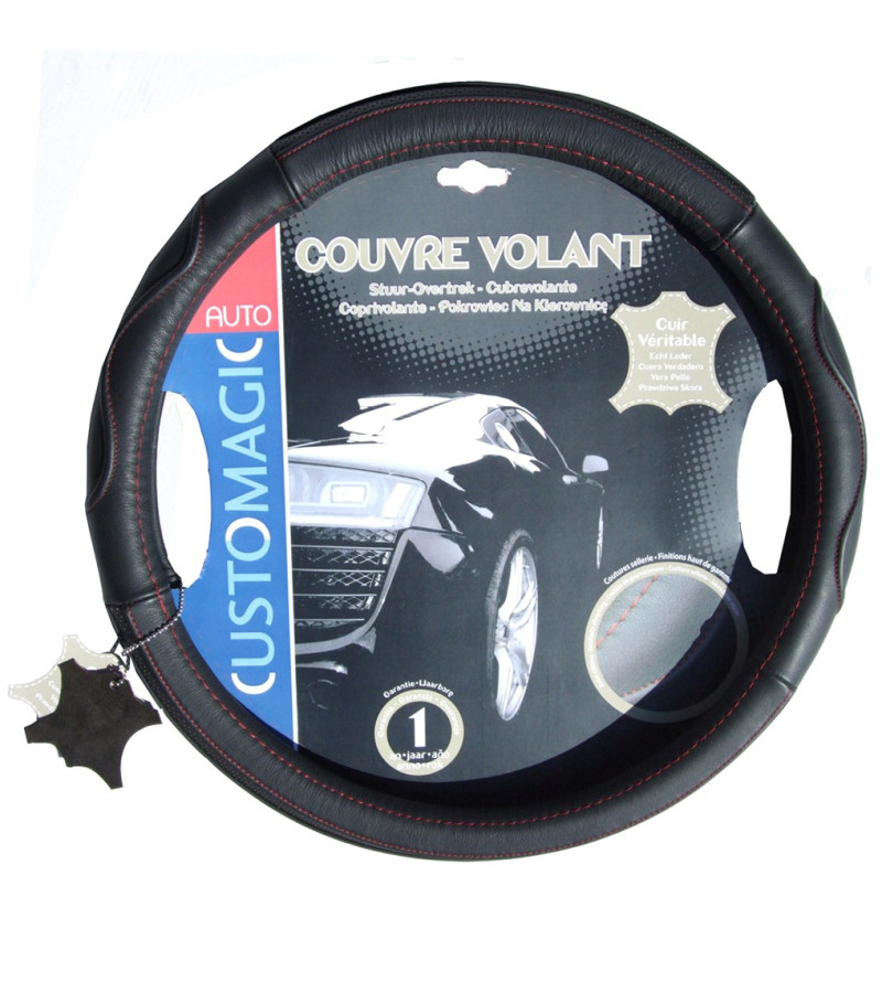 Couvre volant en cuir noir piqûres rouges Couvre volant en cuir noir piqûres rouges